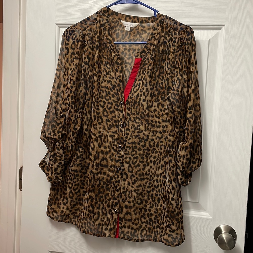 Animal print sheer tunic with red trim